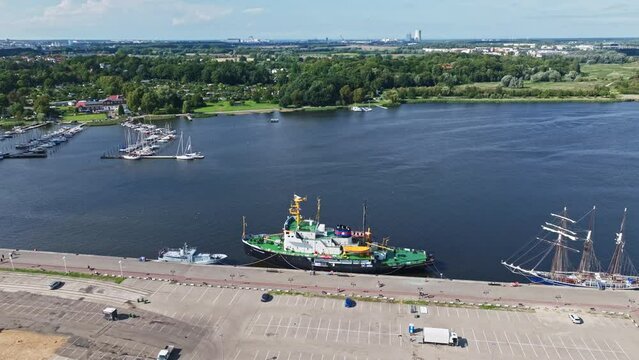 Aerial drone view of Icebreaker Stephan Jantzen , Unterwarnow river in Rostock , Germany