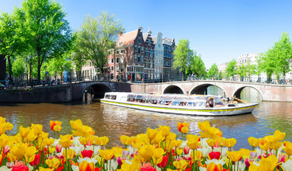 houses of Amsterdam Netherlands at spring with boat and tulips, Amsterdam spring scenery