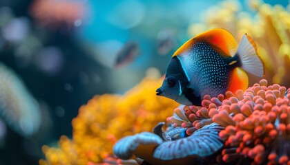Fototapeta na wymiar Elegant foxface fish glides amid vibrant coral reefs in a captivating saltwater tank scene.