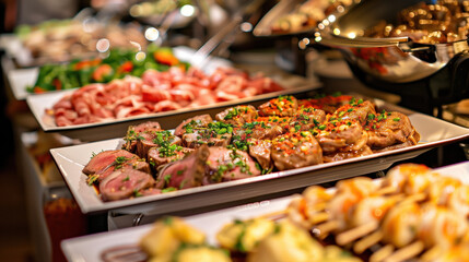 Obraz premium Sumptuous catering buffet arrayed with colorful, delicious dishes, perfect for any celebratory party occasion, featuring meat and vegetables.