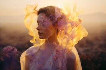 The image captures a woman with ethereal details, shrouded in a translucent, glowing fabric against a dusky background