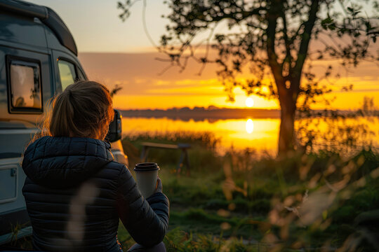 A serene image capturing a woman relaxing by her camper van, savoring a sunset over a calm lake, radiating tranquility and wanderlust