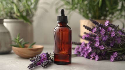 Obraz na płótnie Canvas Essential Aromatic oil in brown bottle and fresh bouquet of lavender blooming flowers, natural remedies, aromatherapy, naturopathy concepts