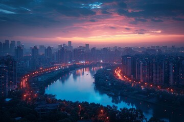 The image captures a serene twilight cityscape with buildings lit and reflecting in the river, evoking a calm yet lively atmosphere