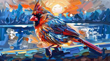 Horizontal oil painting of a Northern Cardinal. Generative AI