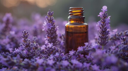 Essential Aromatic oil in brown bottle and fresh bouquet of lavender blooming flowers, natural remedies, aromatherapy, naturopathy concepts