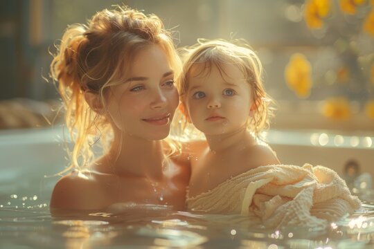 Little Girl and Mother in Tub, Beautiful Women Style, Light Amber & Azure Tones