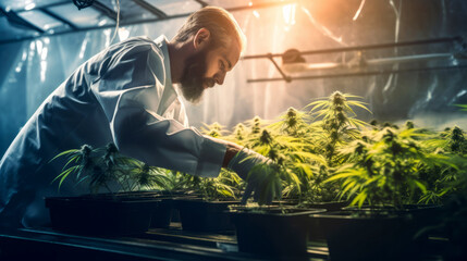 Marijuana researcher checking marijuana cannabis plantation in cannabis farm, Business agricultural cannabis. - obrazy, fototapety, plakaty