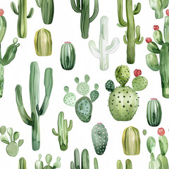 Seamless watercolor cactus pattern, clipart with various species, isolate on white background for quirky stationery --tile