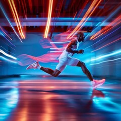 Focused female runner with a futuristic glow, highlighting speed and technology in athletic training