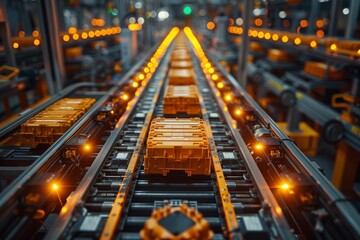 Conveyor belts moving products with a blurred background highlighting motion in an industrial setting