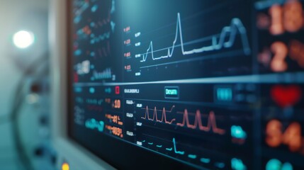 Patient's heart rate and blood pressure ECG monitor display at the hospital close-up. Generative ai