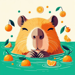 Cute capybara chilling in the water among tangerines, head portrait - 753095241