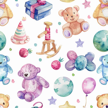 Craft a world of soft giggles with seamless pastel baby toys, each watercolor clipart a single note in a lullaby, set against white