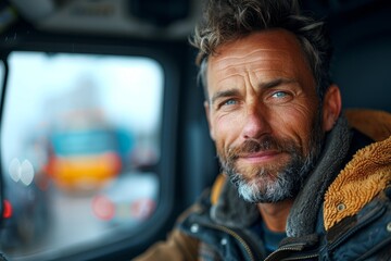 Captivating portrait of a rugged truck driver giving an intense gaze with a slight smirk