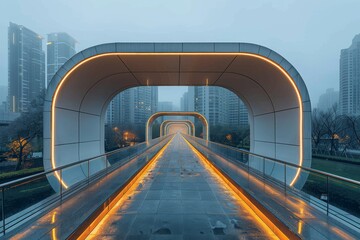 Surreal view of a contemporary bridge against a city skyline with warm lighting and rainy atmosphere