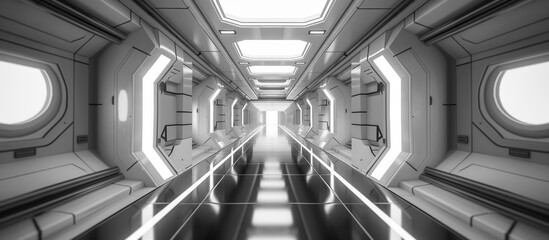 Obraz premium A monochromatic, 3D-rendered image of a long, sleek spaceship corridor with reflective floors and circular windows, bathed in white light