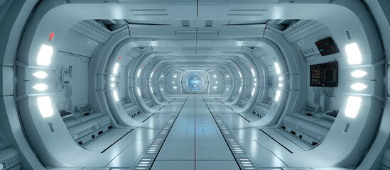 A futuristic and bright spaceship corridor with illuminated walls, hexagonal doorways, and a high-tech, clean design evoking an advanced space travel ambiance.