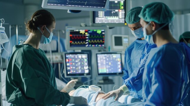 Surgeons and the team working in the operating room. Generative ai - Powered by Adobe