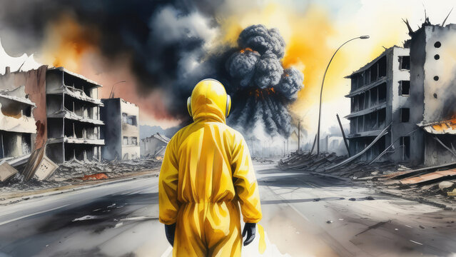 A man in a bright yellow protective radiation suit stands with his back to the camera in a city block, with destroyed buildings and black smoke in front of him. Nuclear explosion
