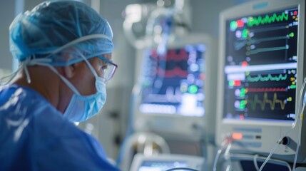 The surgeon monitors patients' heart rate and blood pressure details in the ICU room. Generative ai