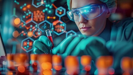 female researcher examines a blood sample with a futuristic holographic data display Interface in the foreground. Researcher Analyzing blood Samples in lab