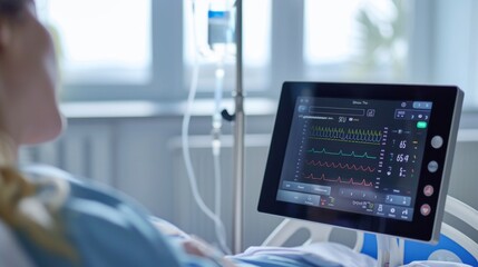 The patient treats with saline solution in the hospital and monitoring the heartbeat with a digital screen. Generative ai