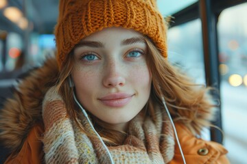A charming young woman with blue eyes and freckles wearing a winter hat, smiling on a bus