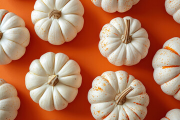 Arrangement of White Pumpkins on Orange Background with Tops Facing Viewer, Autumn Harvest Concept