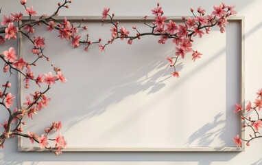 Blank wooden frame with Japanese pink plum (ume) blossom branches decoration with white wall and natural sunlight. 3D mockup blank card ume blossom