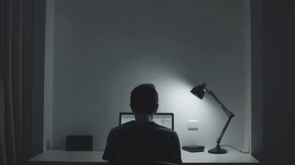A man working on a laptop with an illuminated table lamp in the room. Programmer working late night, home office or work from home concept. Generative ai
