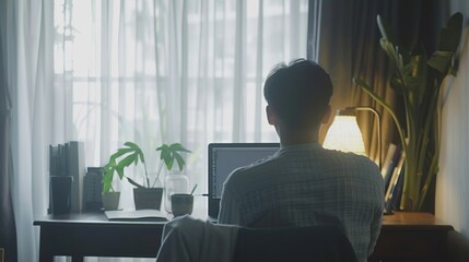 A young man working on a laptop facing the window, view from his back. Work from home concept, home office. Generative ai