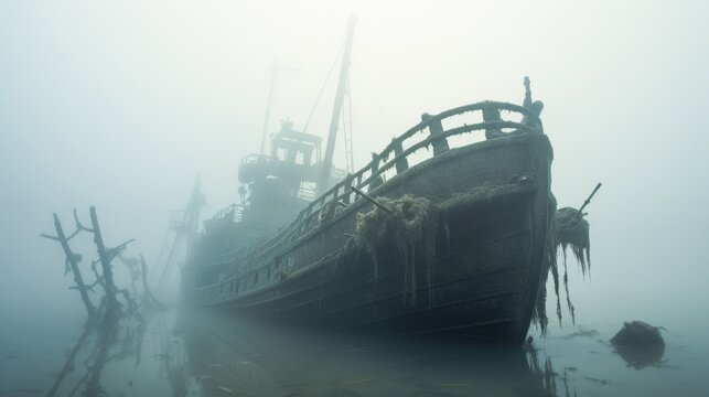 A spectral shipwreck fading in and out of view in the mist