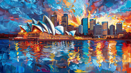 Horizontal oil painting of the Sydney Opera House. Generative AI