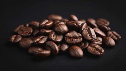 Obraz premium A close-up of dark brown roasted coffee beans on a black background. The shiny beans are randomly arranged, well-lit, in focus, with a shallow depth of field, highlighting their rich aroma and flavor.
