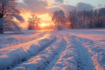 A mesmerizing view of a sun setting amidst a snow-covered landscape, casting warm hues over the serene scenery