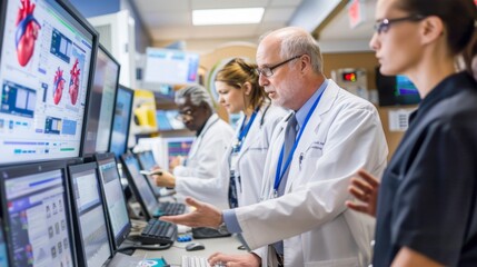 A team of specialist doctors analyzing results on multiple monitors, the Concept of hospitals use modern computer technology. Generative ai