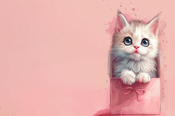 Greeting card design for Valentine's Day, Women's Day, Birthday. A white kitten sits inside a gift box on a pink background. Illustration with copy space.
