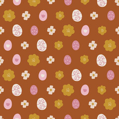 Easter seamless pattern with flowers and eggs on brown background