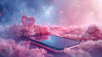 A phone lies among flowers with a sparkling heart, emitting romantic vibes for a Valentine's Day theme..