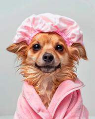 Photo with a cute funny dog in a bathrobe and a pink shower cap on a white background. Photography for a beauty salon. Humanized animals concept.