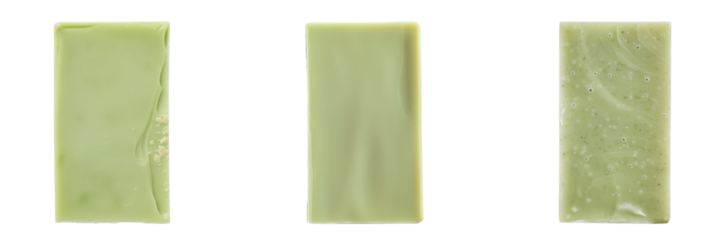 Set of green soap in the shape of a rectangle, isolated on a white or transparent background. Green handmade soap close-up as a graphic design element.