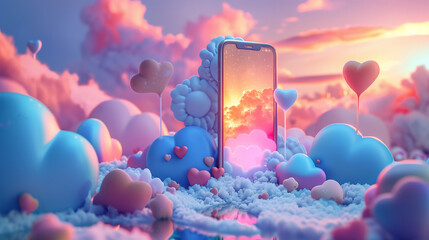 A smartphone displaying a sunset stands amidst a dreamy cloudscape filled with heart shapes and...