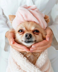 Photo with a cute funny dog in a bathrobe and a pink shower cap that gets a massage on a white background. Photography for a beauty salon. Humanized animals concept.