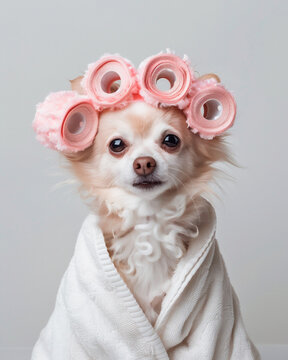Photo with a cute funny dog in a bathrobe with pink curlers on her hand on a white background. Photography for a beauty salon. Humanized animals concept.