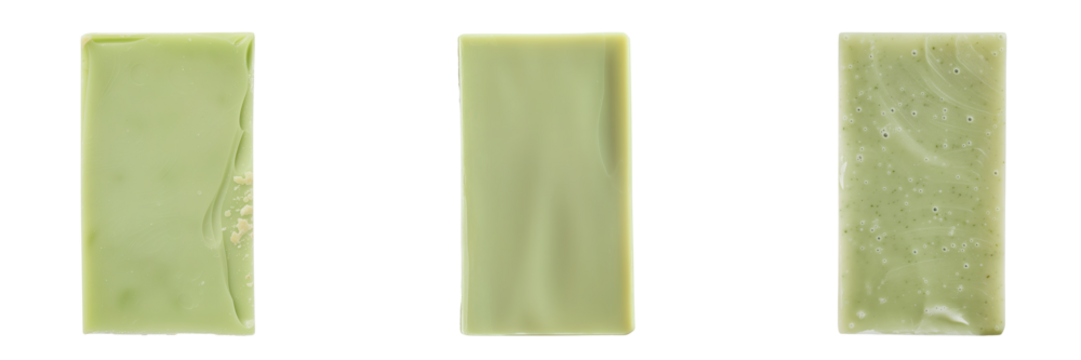 Set of green soap in the shape of a rectangle, isolated on a white or transparent background. Green handmade soap close-up as a graphic design element.