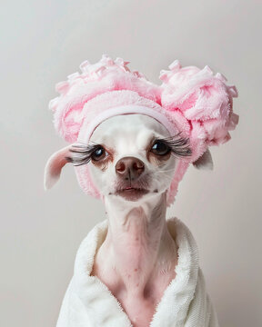 Photo with a cute funny dog with long black eyelashes in a bathrobe and a pink shower cap on a white background. Photography for a beauty salon. Humanized animals concept.
