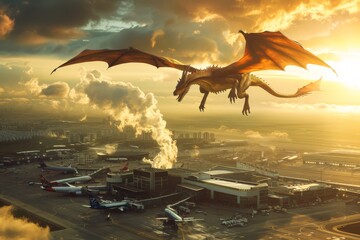 A dragon circling above a bustling airport watching the planes come and go - obrazy, fototapety, plakaty