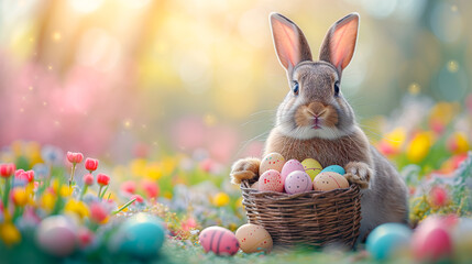 Fototapeta na wymiar Cute Easter bunny holding a basket with colorful Easter eggs among green grass and bright spring flowers
