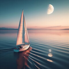 Serene sailboat drifting on smooth sea under the soft glow of the moon.